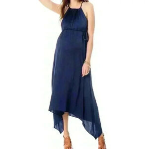 Wendy Bellissimo Blue Elastic Waist Tie Halter Neck Maternity Maxi Dress Size S